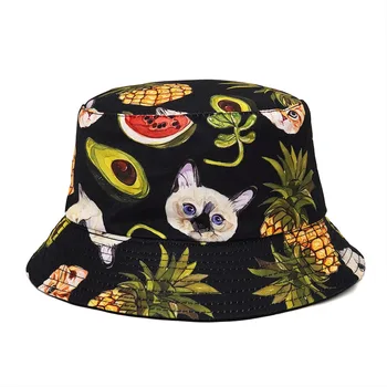 Kedi Baskı Pamuk Kova Şapka Erkek Kadın Panama Plaj Balıkçılık Bob Kapaklar Yaz Geri Dönüşümlü güneş şapkaları Kadınlar İçin