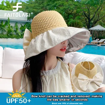 UPF50 + Kadınlar Boş Üst Hasır Şapka Moda İlmek Kadın güneş şapkası Yaz Seyahat Plaj UV Koruma Kaput Bayanlar Büyük Ağız Vizör