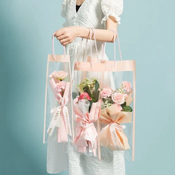 10 adet Çiçek Ambalaj Kutusu Şeffaf PVC Çiçek Buketi Çanta Çiçekçi Dekorasyon Uzun Tote Parti Hediyeler Ambalaj Çanta