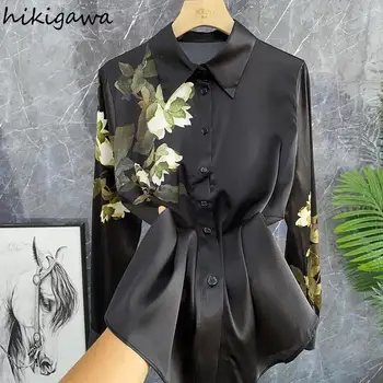 2023 Blusas Mujer De Moda Kore Şık Bluzlar Kadınlar için Çin Vintage Baskı Siyah Gömlek Tops Femme Gevşek Mizaç Bluz
