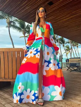2023 Kadın Baskı Derin V Boyun Kapak-up Yaz Plaj Kıyafeti Seksi Zarif Kadın Yaz kemerli elbise Rahat