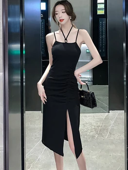 2023 Siyah Şık Sling Seksi Kulübü uzun elbise Kadınlar Kore Vintage Hepburn Elbise Yaz Zarif Bodycon Lüks Parti Gece Elbisesi