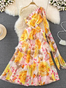 2023 Yaz Yeni Bohemian Çiçek Baskı Uzun Maxi Elbiseler Kadınlar için Eğik papyon Şifon Tatil Plaj uzun elbise