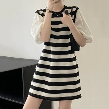 2023 Yaz Yeni kadın Kısa Elbise Mini Vintage Şerit Paneli Puf Kollu Kontrast Gevşek Kore moda giyim Kadın H7760