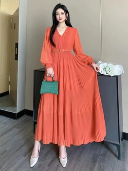 2023 Yeni Bahar Sonbahar Kadın V Yaka Uzun Kollu Kemer İnce uzun elbise Moda Kat Büyük Hem Zarif Akşam Parti Elbise