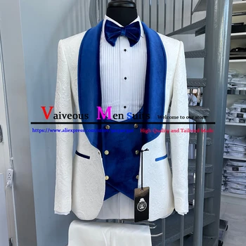 2023 Yeni Mavi Şal Yaka erkek Takım Elbise Yüksek Kaliteli Fildişi Jakarlı Damat Düğün Smokin (Ceket + Pantolon + Yelek)3 Adet Blazer Setleri