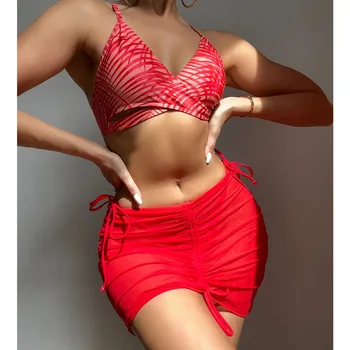 2023 Yeni Seksi Çiçek Yelek Bölünmüş Mayo kadın Bikini Dantel Sıkı Boxer Mayo Üç Parçalı Takım Elbise Kırmızı Sıcak Satış