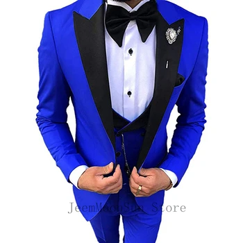 2023 Yeni Varış Kraliyet Mavi Düğün Takımları Erkekler İçin Tepe Yaka 3 Adet Erkek Takım Elbise Damat Smokin Blazer + Yelek + Pantolon Kostüm Homme