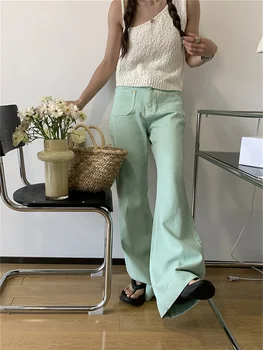 2023 Yeni Vintage Yeşil Kot Moda kadın Sonbahar Yüksek Bel İnce Düz Tüp Gevşek Geniş Bacak Jean Kadın Yaz Y2k Tarzı Emo