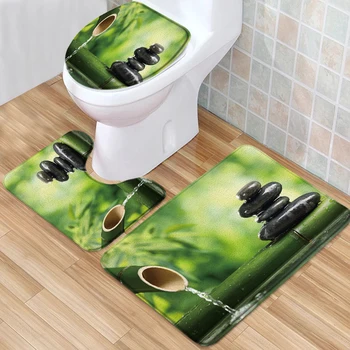 3 Set Zen Bahçe Banyo Halıları Bahar Bambu Bitki Manzara Taş Düşük Kazık Bellek köpük banyo paspası Tuvalet Kapağı U Şeklinde Halı