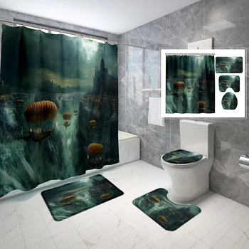 4 Adet Fantezi Dünya Duş perde setleri Tuvalet kapak ve kaymaz Banyo Paspas Fantezi Kale Su Geçirmez Duş perde seti