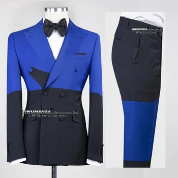 Akıllı Rahat Takım Elbise Erkekler Kraliyet Mavi / Siyah Eklenmiş Tarzı Balo Parti Düğün Smokin ZİYAFET Iş Ofis Blazer Seti Custom Made