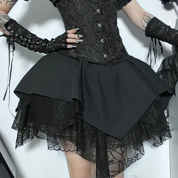 Alışveriş merkezi Goth Örgü Siyah Etek Kadın Dantel Patchwork Balo Estetik Yüksek Bel Sokak E Kız Lolita Etekler Grunge Yaz