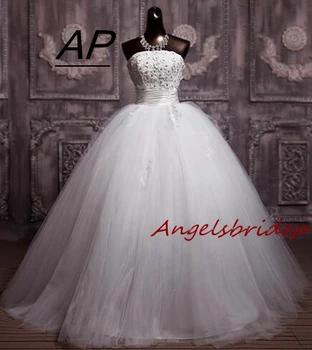 ANGELSBRIDEP Prenses düğün elbisesi Moda Kristal Dantel Aplike Kat Uzunlukta Vestidos De Novia Resmi Prenses Gelin Kıyafeti