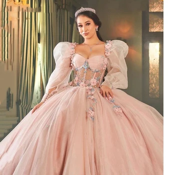 ANGELSBRIDEP Uzun Kollu Quinceanera Elbiseler Sevgiliye balo elbisesi Boncuk Çiçek Meksika On Altı Prenses Balo Mezuniyet YENİ
