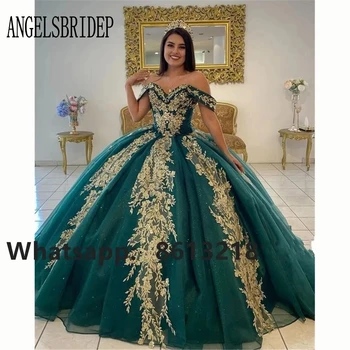 ANGELSBRIDEP Yeşil Kapalı Omuz Balo Quinceanera Elbiseler 2023 Tatlı 16 Prenses Aplike Parti Törenlerinde Vestido De 15 Anos