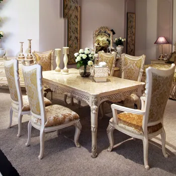 Avrupa yemek masası lüks Fransız mermer yemek masası ve sandalye kombinasyonu villa masif ahşap oyma dikdörtgen yemek masası