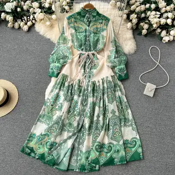 Bahar Kadınlar Yeşil Vintage Baskı Uzun Kollu Plaj Tatil uzun elbise Standı Boyun Gevşek Kemer Tasarımcısı Bohemian evaze elbise Elbiseler