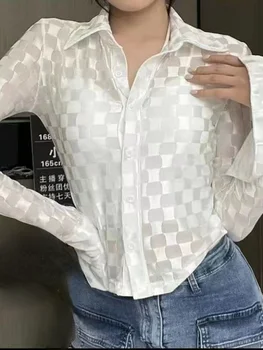 Bahar Y2k Estetik Ekose Uzun Kollu Kadın Bluz Tatlı Turn Down Yaka Kırpılmış Gömlek Moda Harajuku Peri Casual Blusas