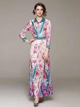 Bahar Yeni Yaka Çiçek Baskı Şifon Elbiseler Kadınlar için Zarif Uzun Kollu Yüksek Bel Casual Boho Uzun Pilili Vestidos