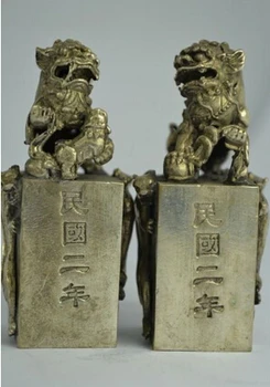 Bakır Pirinç ÇIN el sanatları Asya Bir Çift Koleksiyon Çin Eski Dekore Beyaz Bakır İşi Kylin Mühür Heykelleri