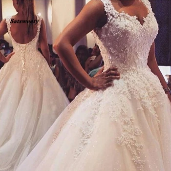 Balo elbisesi Spagetti Sapanlar Beyaz Fildişi Tül Gelinlik İnciler gelinlikler Evlilik Müşteri Yapımı Boyutu