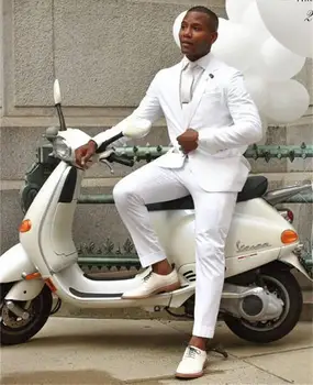 Beyaz Rahat Erkek Takım Elbise Düğün Smokin Damat Giyim Çentikli Yaka Erkek Takım Elbise Blazer 2 ADET (Ceket+Pantolon) damat Setleri Sağdıç