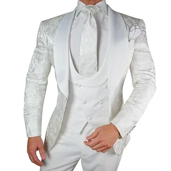 Beyaz Çiçekli Düğün Smokin: Saten Şal Yakalı Slim Fit 3'lü Erkek Takım Elbise-Özel Yapım Ceket, Ves