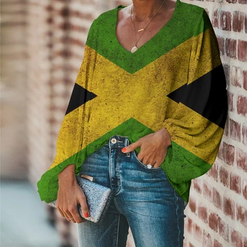 Blusa Feminina Artı Boyutu Üstleri Kadın Bluz Sevimli Jamaika Bayrağı Baskı Rahat Gevşek Uzun Kollu Seksi yazlık gömlek Vogue V Yaka 2023