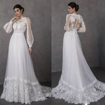 Bohemian 2020 düğün elbisesi Uzun Kollu Dantel Aplike Plaj Açık gelin elbiseleri Bir Çizgi Ülke Gelinlikler Vestidos