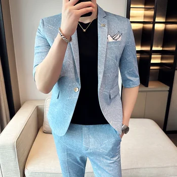 (Ceket + Pantolon) erkekler Yaz Yarım Kollu Takım Elbise Slim Fit Düğün Takımları Custom Made 2 Parça Iş Resmi Damat Smokin Ternos