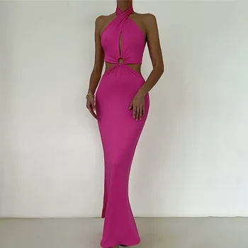 CINESSD 2023 Yaz Sıcak Yeni Elbise Düz Renk Seksi Moda Dikiş Halter Askı Backless Elbise Kat Uzunlukta Kılıf