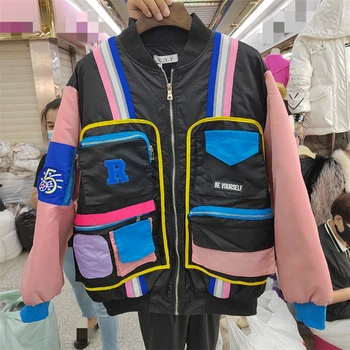 Colorblocked Eklenmiş Parkas Bayan Kısa Tasarım Yastıklı Ceket Kış Sıcak Standı Yaka Kıyafet Ropa de invierno para mujer