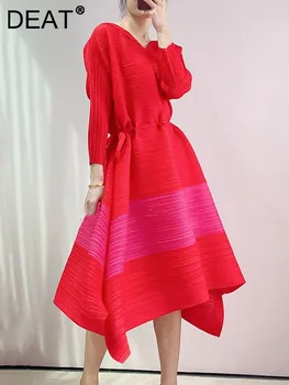 DEAT Kadın Pilili Elbise Çizgili Renk Bloğu İpli Bel Yedi Kollu V Boyun Rahat Tarzı Vahşi 2023 Yaz Moda 15JK992