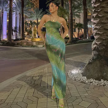 Degrade Seksi uzun elbise Sapanlar Backless kadın Sundress Tatil Kıyafetler Yeşil Parti Elbiseler Bölünmüş Glitter Maxi Elbise Kadın
