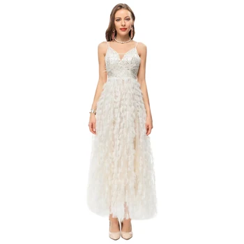Dekolte Kadın Töreni Spagetti Kayışı V Boyun Seksi Backless Kat Uzunluk Glitter Sequins Beyaz Kabarık Tüy Elbise Parti Giyim