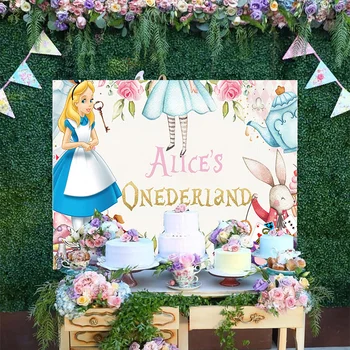 Disney Karikatür Beyaz Tavşan Romantik Çiçek Fon Alice İn Wonder Prenses Mutlu Doğum Günü Partisi Dekorasyon Arka Plan