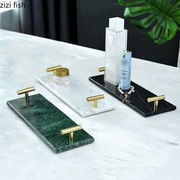 Doğal Mermer Tepsiler Dekoratif altın tutamak Banyo Raf Tuvalet Masası Kozmetik Takı Organizatör Tepsi Ev Dekorasyon