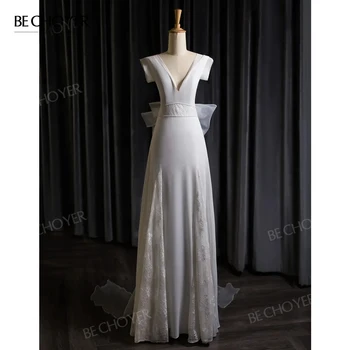 Düğün elbisesi Kolsuz Saten A-Line Basit Yay İnciler Gelin Kıyafeti 2023 Plaj Prenses BECHOYER XH168 Özel Vestido de Noiva