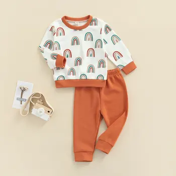 FOCUSNORM Sonbahar Bebek Bebek Kız Güzel Giyim Setleri 1-5Y Gökkuşağı Baskılı Uzun Kollu Kazak Kazak Tops Pantolon 2 adet