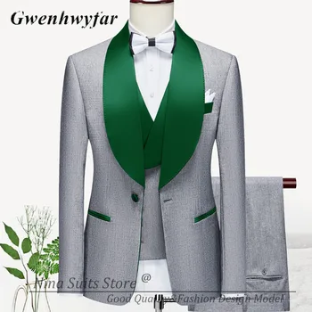 G & N Kalın Düğün Damat Takım Elbise Gri Yeşil Yaka Blazer Yelek Pantolon 2023 Yeni İş Adamı Parti Balo Takım Elbise Ev Sahibi Şarkıcı Gösterisi Smokin