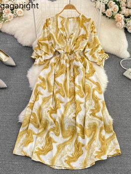 Gaganıght Kadın Mürekkep Boyama batik Baskı Mizaç uzun elbise 2023 Yaz Yumuşak V Boyun Bel Bir çizgi Büyük Salıncak Elbiseler