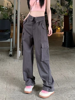 Gri Y2k Hiphop Kargo Pantolon Kadın Cepler Streetwear Moda dökümlü pantolon Kadın Yüksek Bel Kore Tarzı Vintage Pantolon Yaz
