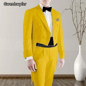 Gwenhwyfar 2023 Sarı Erkek Takım Elbise Slim Fit 2 Parça Düğün Damat Smokin Doruğa Yaka Erkek Moda Kostüm Blazer Pantolon