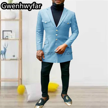 Gwenhwyfar Gökyüzü Mavi Erkek Takım Elbise Kostüm Damat Tek Göğüslü Smokin Çentikli Yaka Düğün Terno Masculino 2 Adet (Ceket + Pantolon)