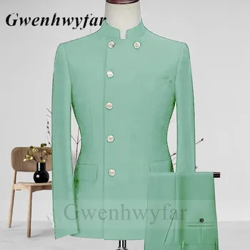 Gwenhwyfar Tailor-made Nane Yeşil Erkek Takım Elbise Afrika Tarzı Kostüm Standı Yaka Altın Düğmeler Erkekler Blazer Pantolon rahat giyim