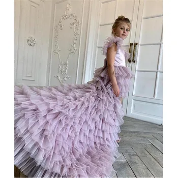Güzel Tüy Ruffles Uzun Çiçek Kız Elbise Düğün için Parti Çocuk Elbise Katmanlı Çocuklar Photoshoot Bebek Önlük Communion