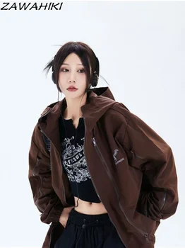 Harajuku Zip-up Hoodies Kadınlar Vintage Y2K 90s Estetik Patchwork Boy kapüşonlu ceket Katı Kazak Giyim