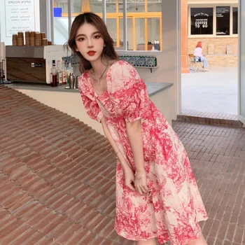 Heydress Kadın Kawaii Tatlı Baskı Kısa Kollu Gevşek Elbise Rahat Sokak Elbise Yaz 2021 Kore Zarif Çiçek Pembe Midi Elbise