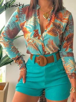 Iki Parçalı Setleri Bayan Kıyafetler Uzun Kollu Üst 2021 Moda Zarif Çiçek Gevşek V Yaka Şık Moda Gömlek Bluzlar 2 Parça Set